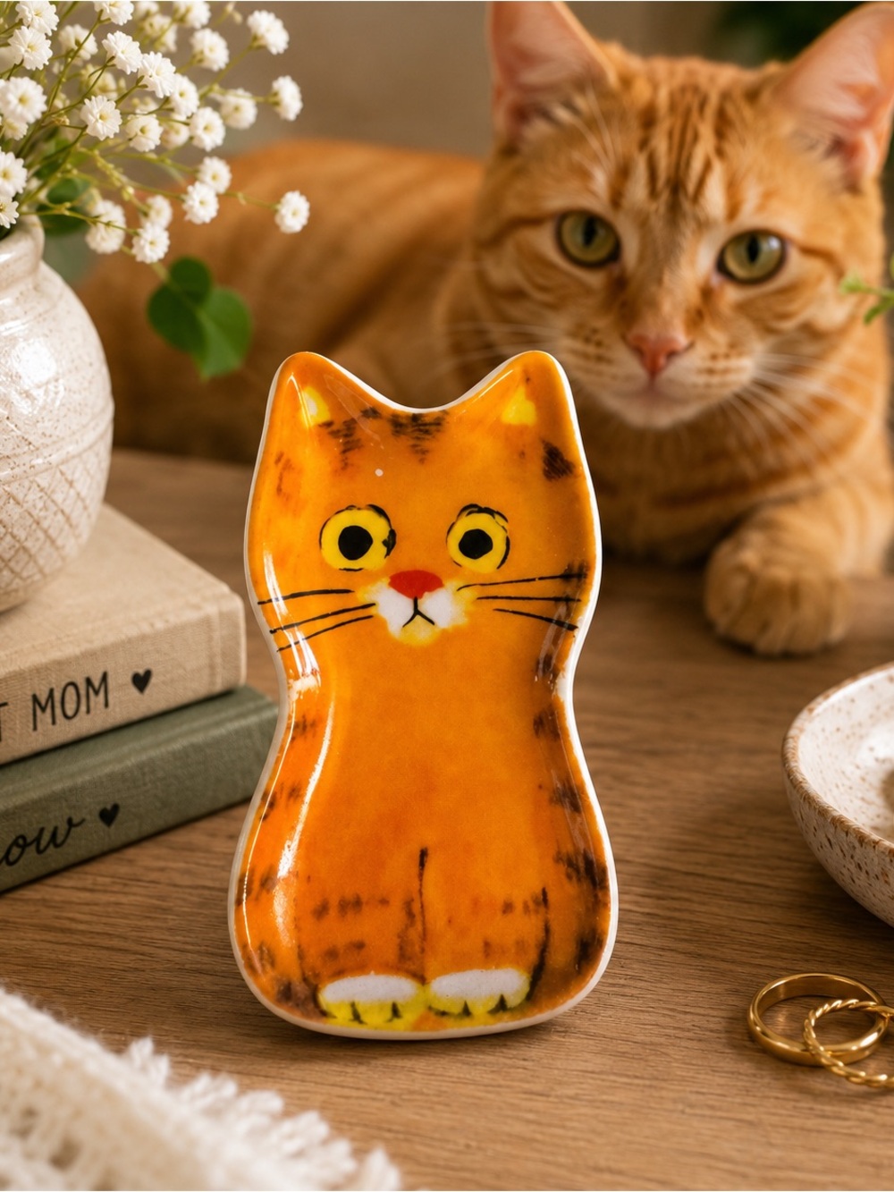 Ecoute! Minette Orange Tabby Cat Ceramic Trinket Dish Ring Holder
